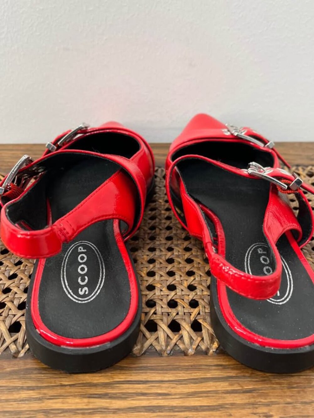 Size 7 City Chic Edgy Double Buckle Red Faux Leather Statement Slingback Flat - Picture 9 of 10